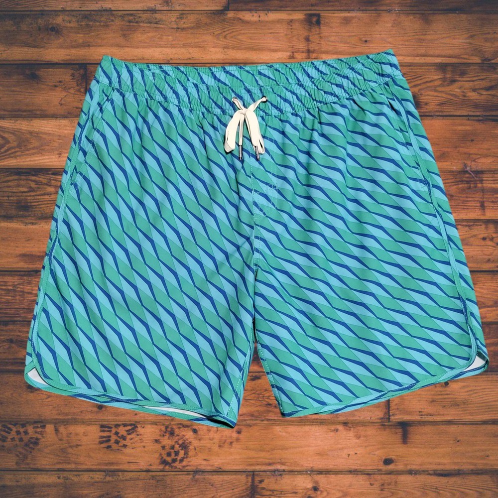 Fair Harbor Swim‎ Trunks Mens XXL Geometric Drawstring Lined Blue/Green